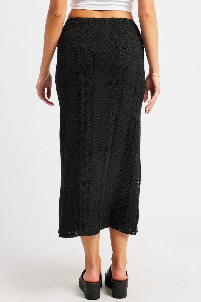 Black Crochet Maxi Skirt High Rise Relaxed Lined Bold Details