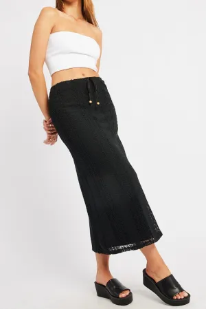 Midi length Holiday Travel Black Crochet Maxi Skirt High Rise Relaxed Lined