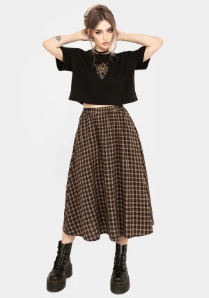 Terra Cotton Check Midi Skirt - Brown Minimal Touch Side Pockets