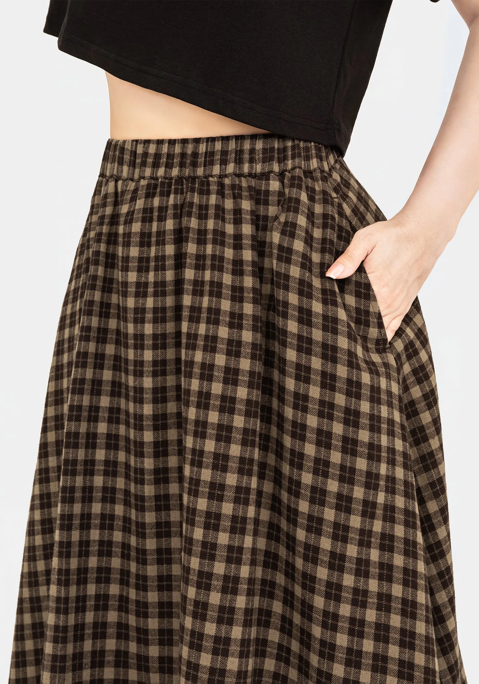 Knee Length Flexible Motion Terra Cotton Check Midi Skirt - Brown