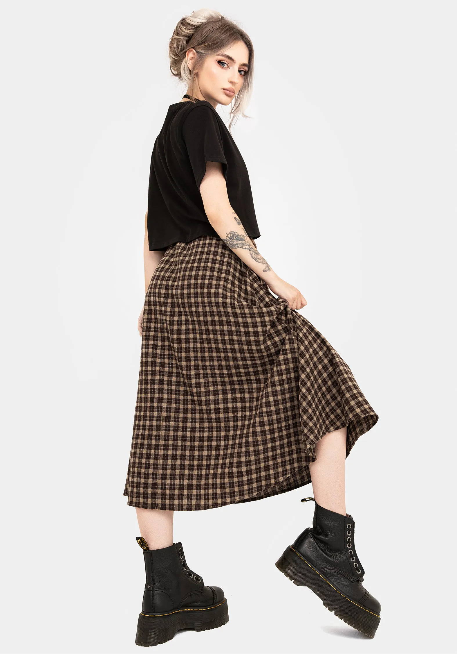 Terra Cotton Check Midi Skirt - Brown Fashion Energy Global Inspiration