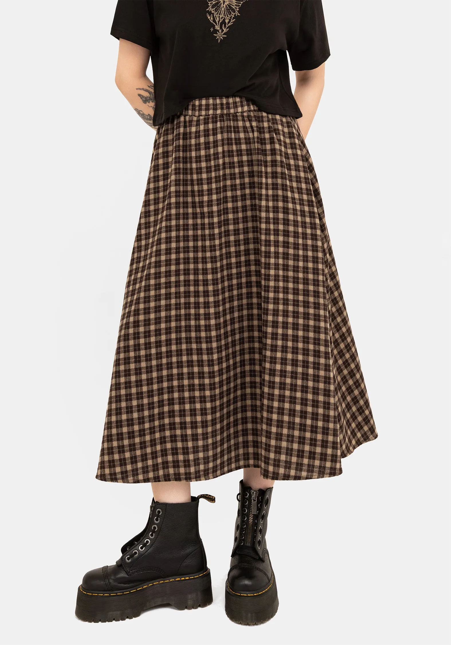 Invisible Seams Jewel Tones Terra Cotton Check Midi Skirt - Brown