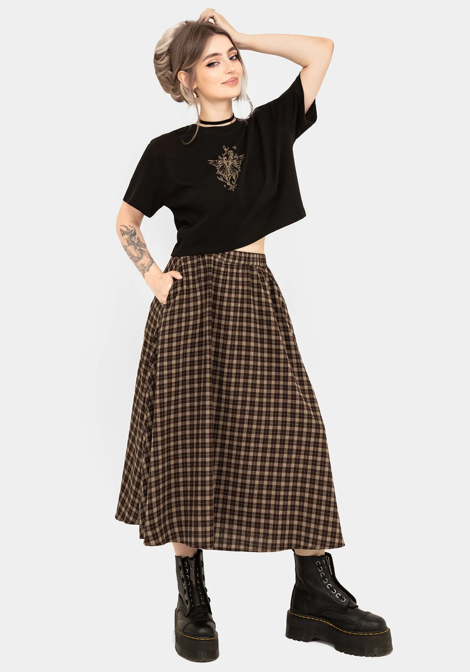 Airy Comfort Terra Cotton Check Midi Skirt - Brown
