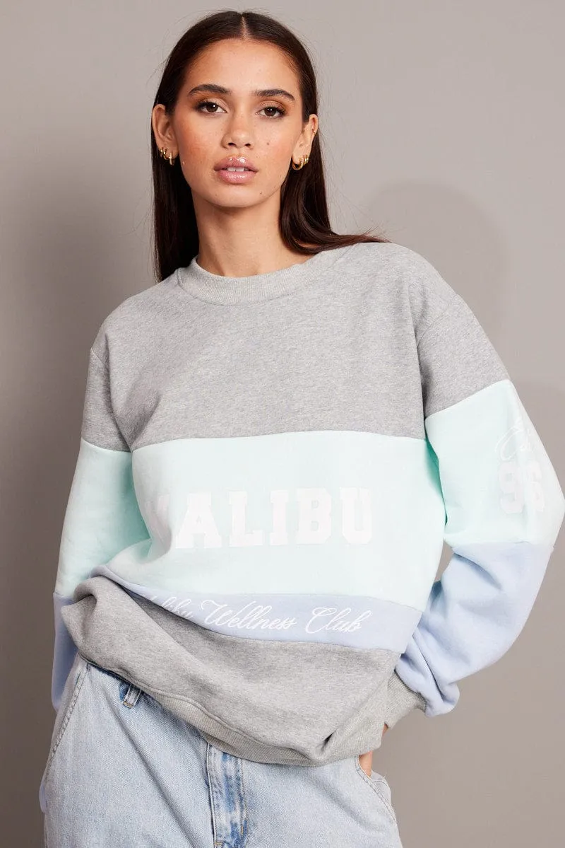 uncollared Blue Graphic Sweater Long Sleeve