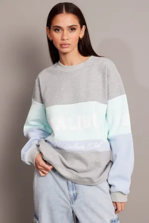 Warm Hoodie Blue Graphic Sweater Long Sleeve