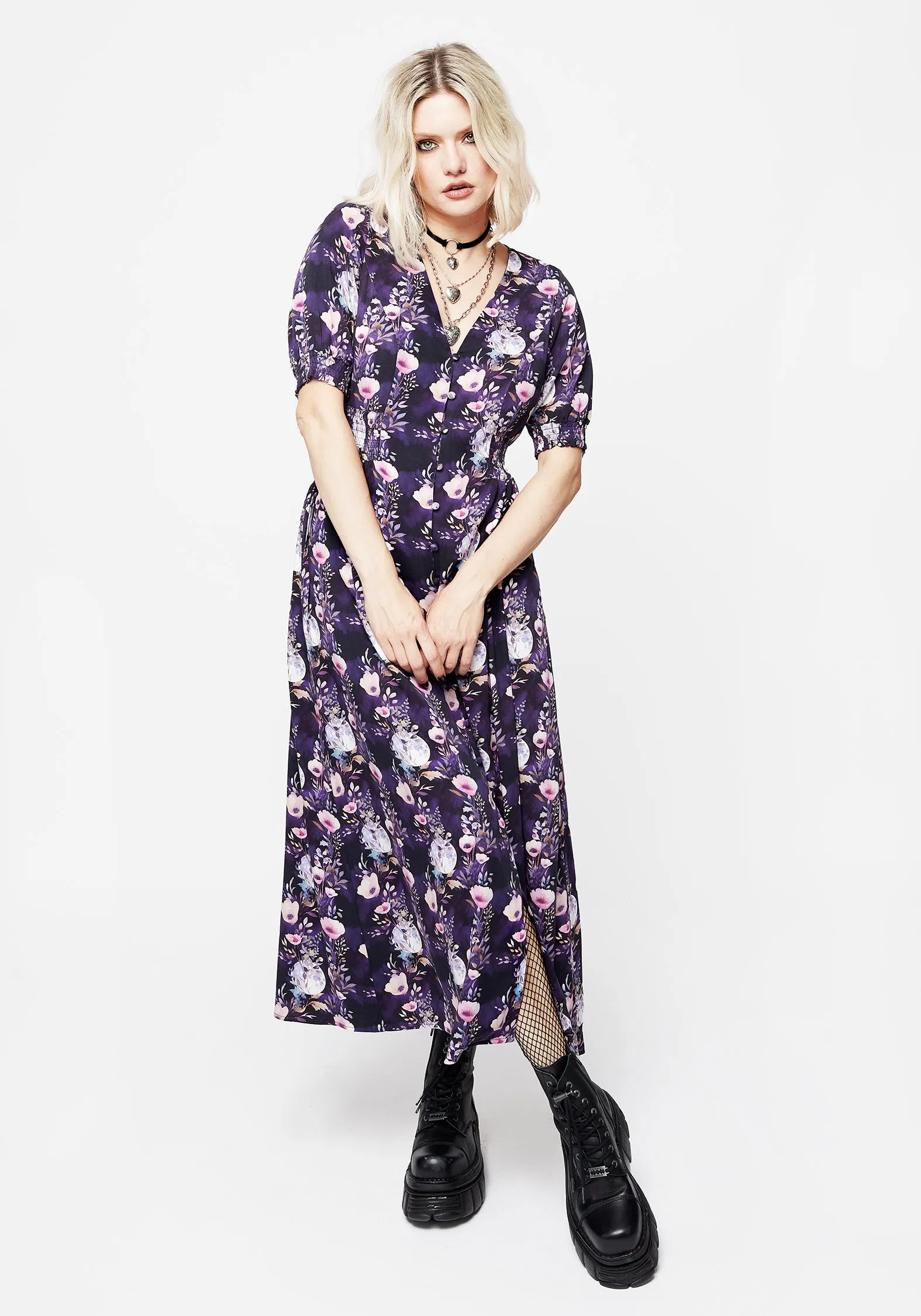 Rose Glow Ruby Pop Socordia Floral Moon Ruched Waist Midaxi Dress