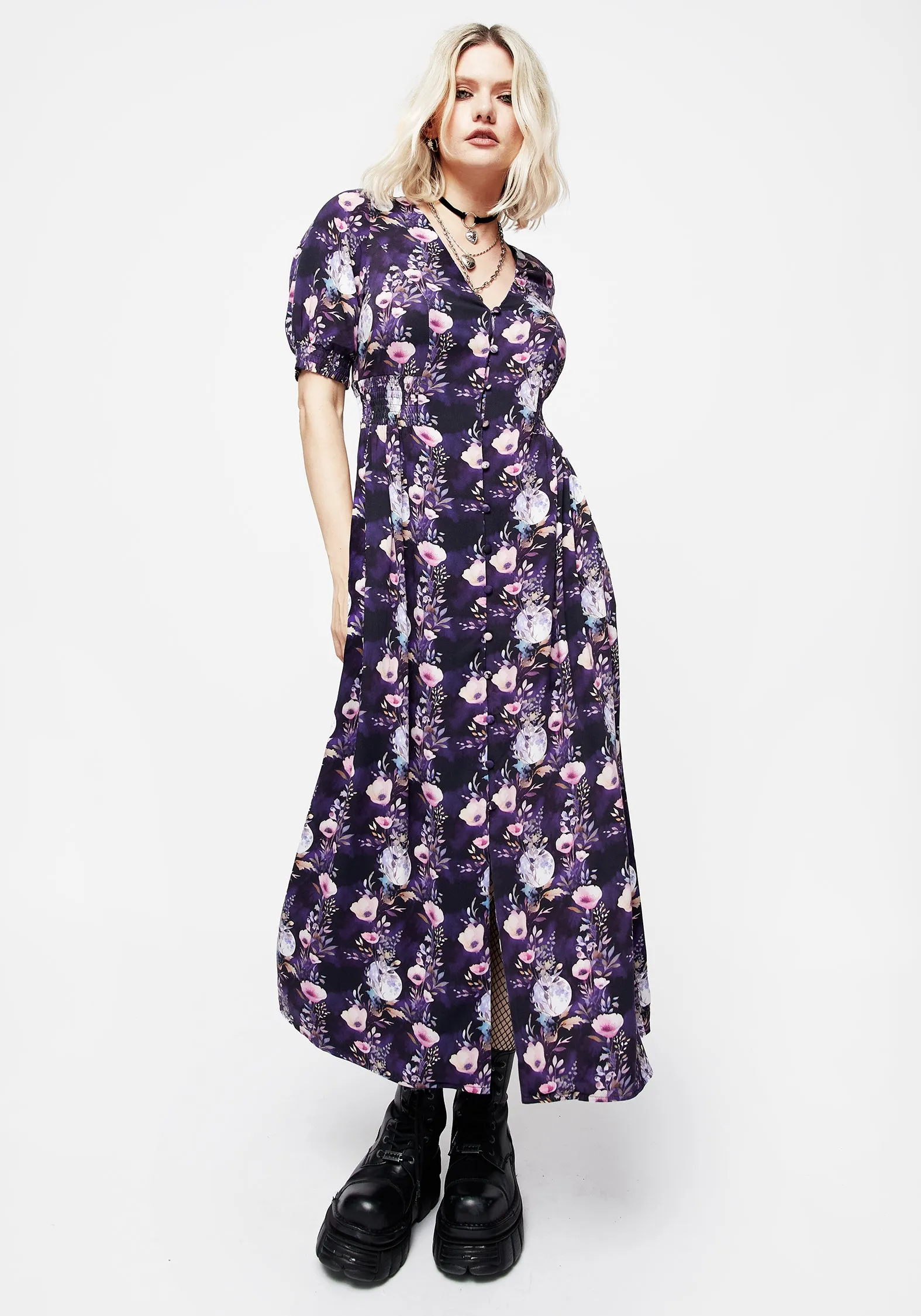 Pleat Glow Socordia Floral Moon Ruched Waist Midaxi Dress