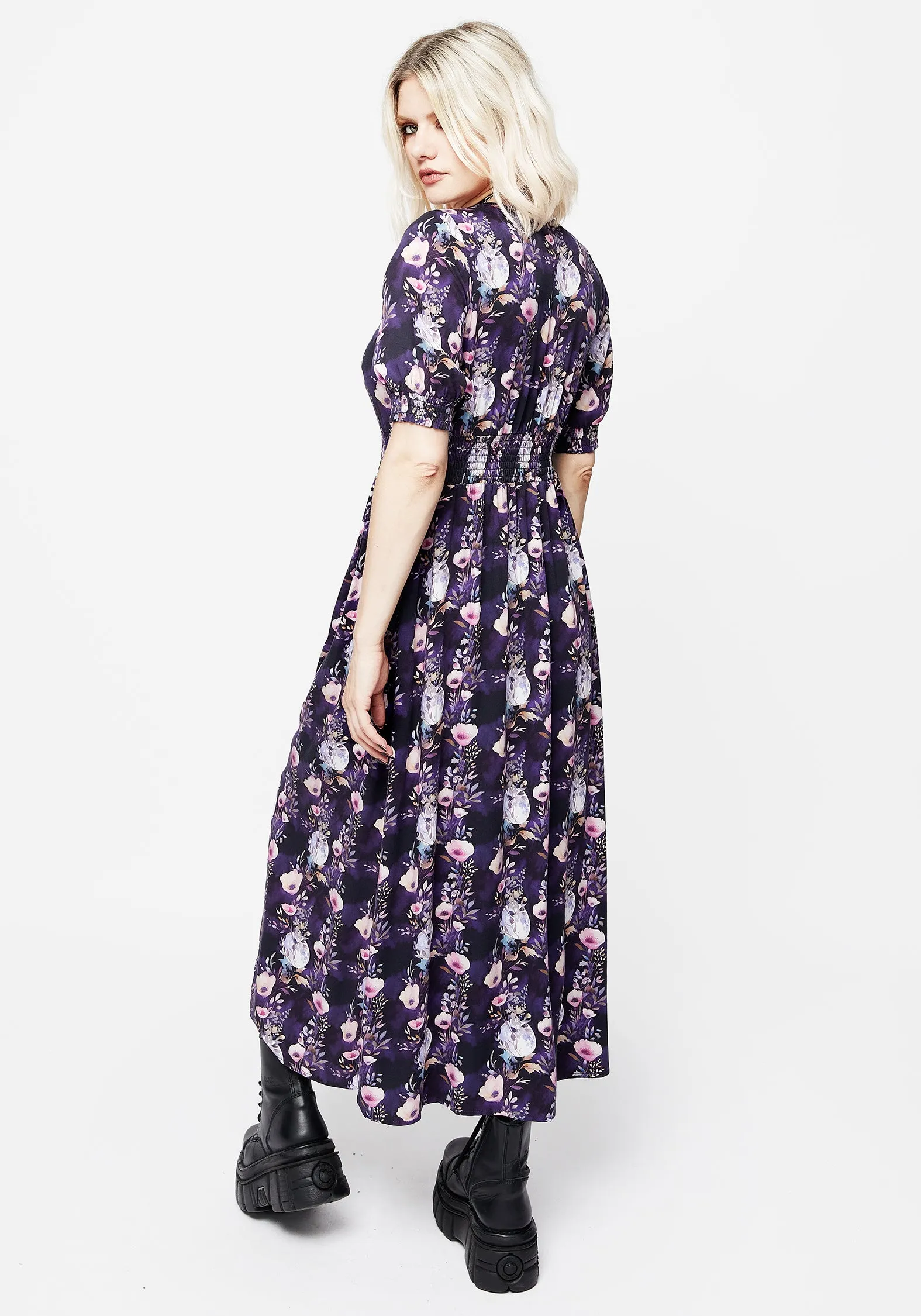 Socordia Floral Moon Ruched Waist Midaxi Dress This dress is designed to highlight your natural figure while providing ultimate comfort