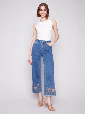 Light material No Fade Look Wide Leg Jeans with Floral Embroidered Hem - Medium Blue