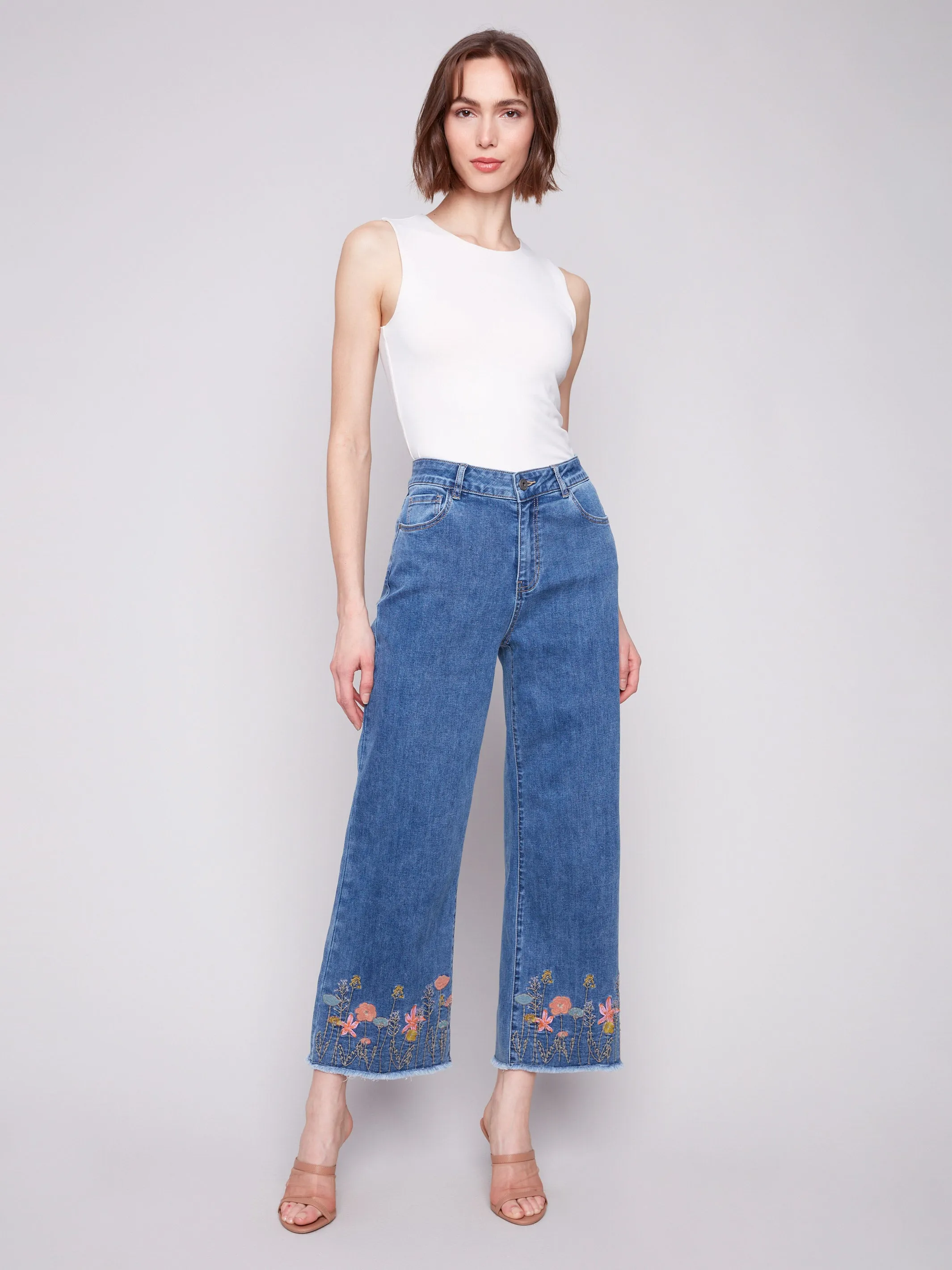 Wide Leg Jeans with Floral Embroidered Hem - Medium Blue Simple Outfit Breathable Lining