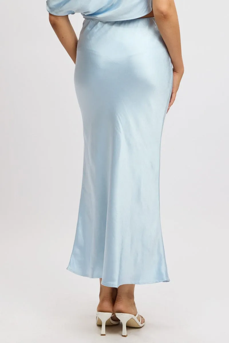 Blue Slip Skirt Maxi High Rise Satin Crepe Tassel accents Pull On Style