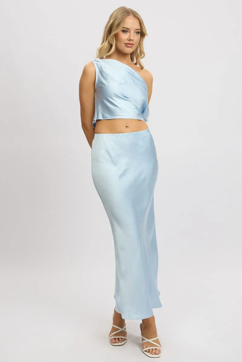 Blue Slip Skirt Maxi High Rise Satin Crepe Simple Look Functional Look