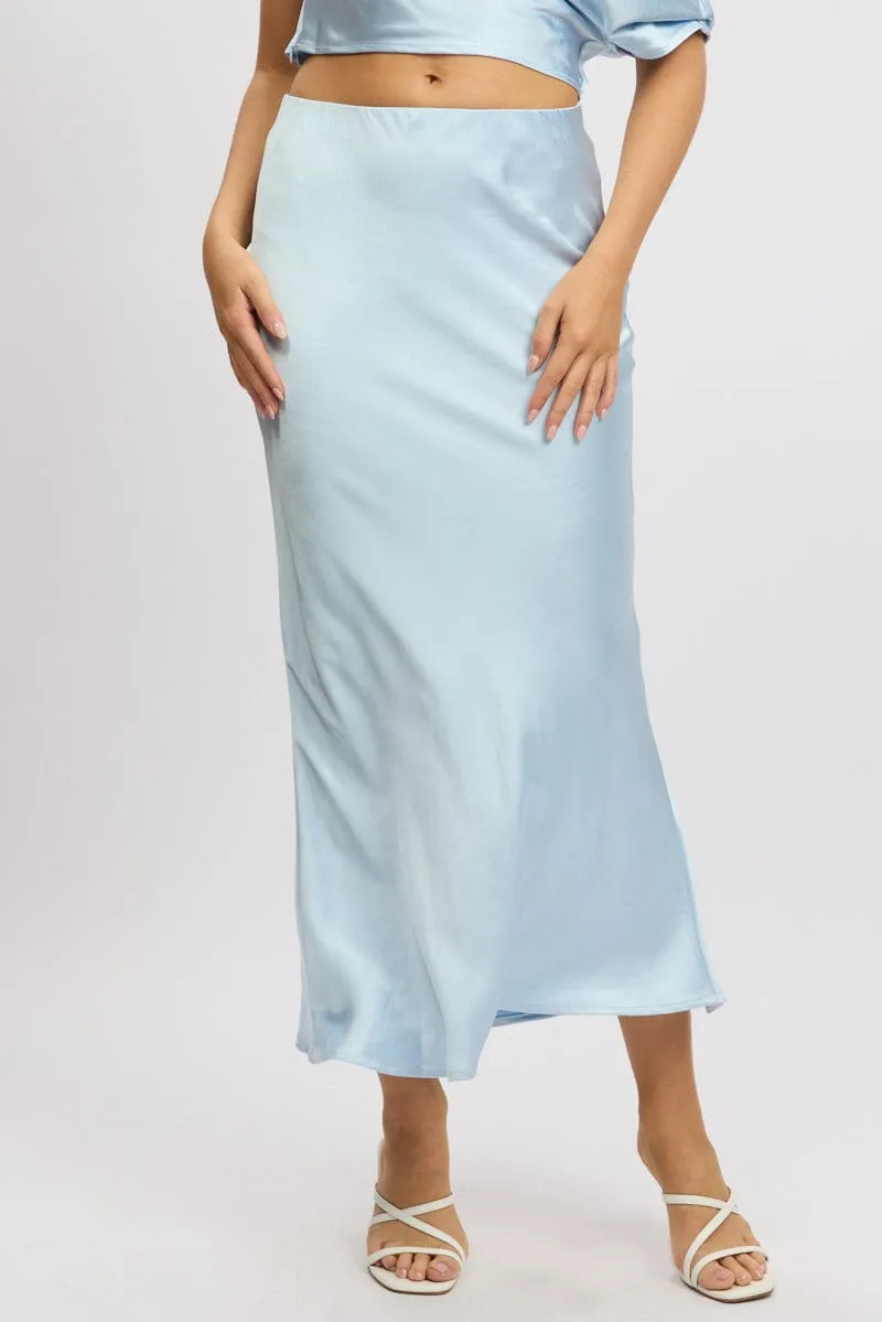 Blue Slip Skirt Maxi High Rise Satin Crepe Full Circle