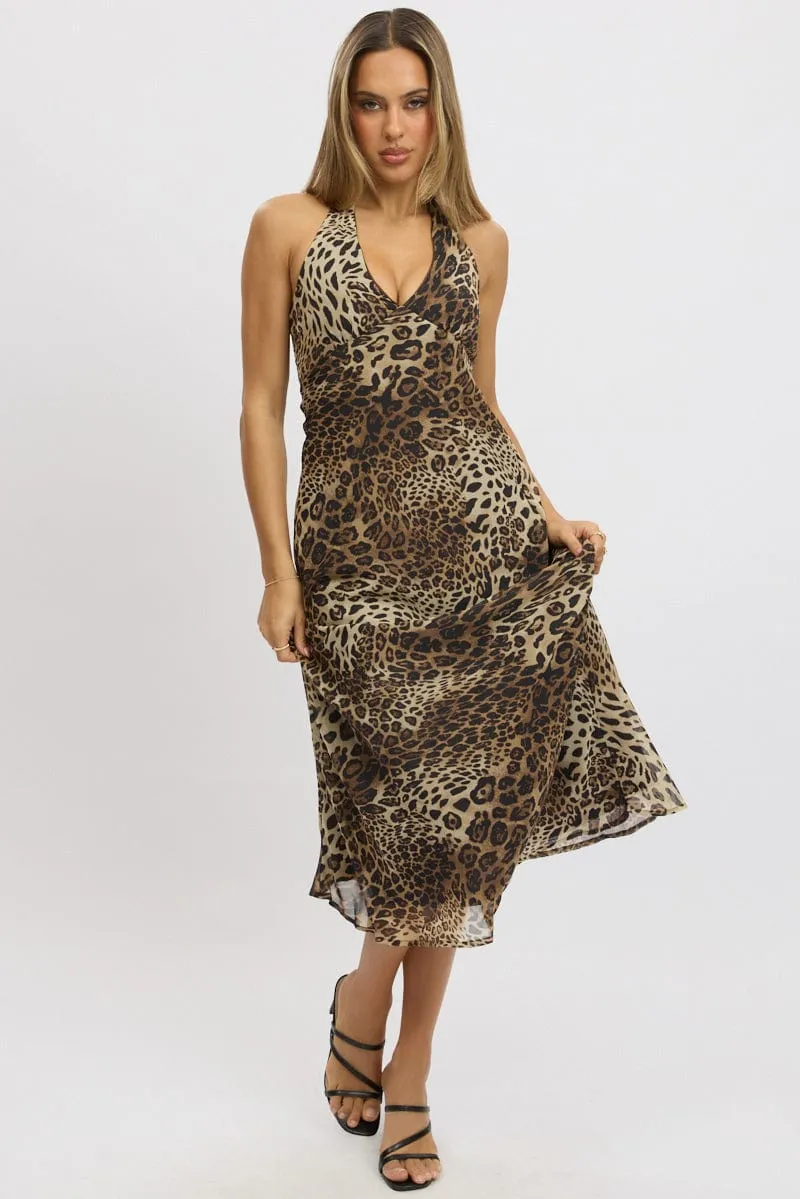 Simple Comfort Bazaar Lane Brown Animal Print Midi Dress Halter Neck