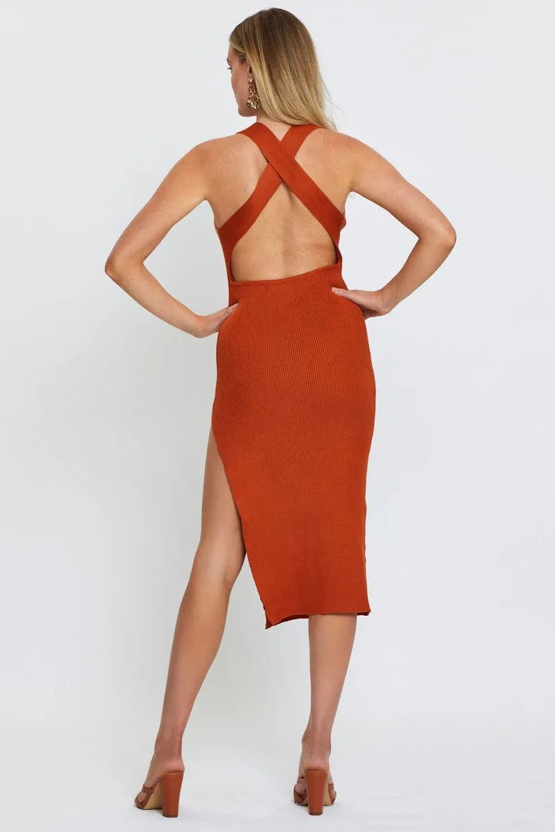 Brown Midi Dress Square Neck Knit Tram Ride Copper Glow