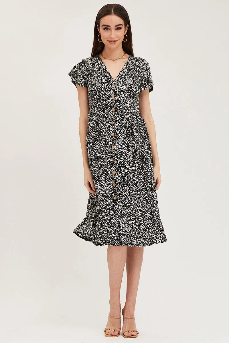 Geo Print Pocket Front Button Midi Dress VIP Area