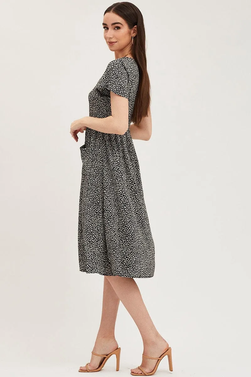 Geo Print Pocket Front Button Midi Dress Trendy Pieces