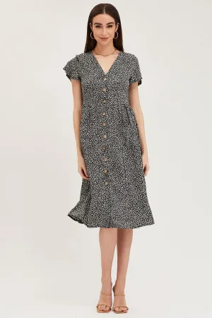 Geo Print Pocket Front Button Midi Dress VIP Area