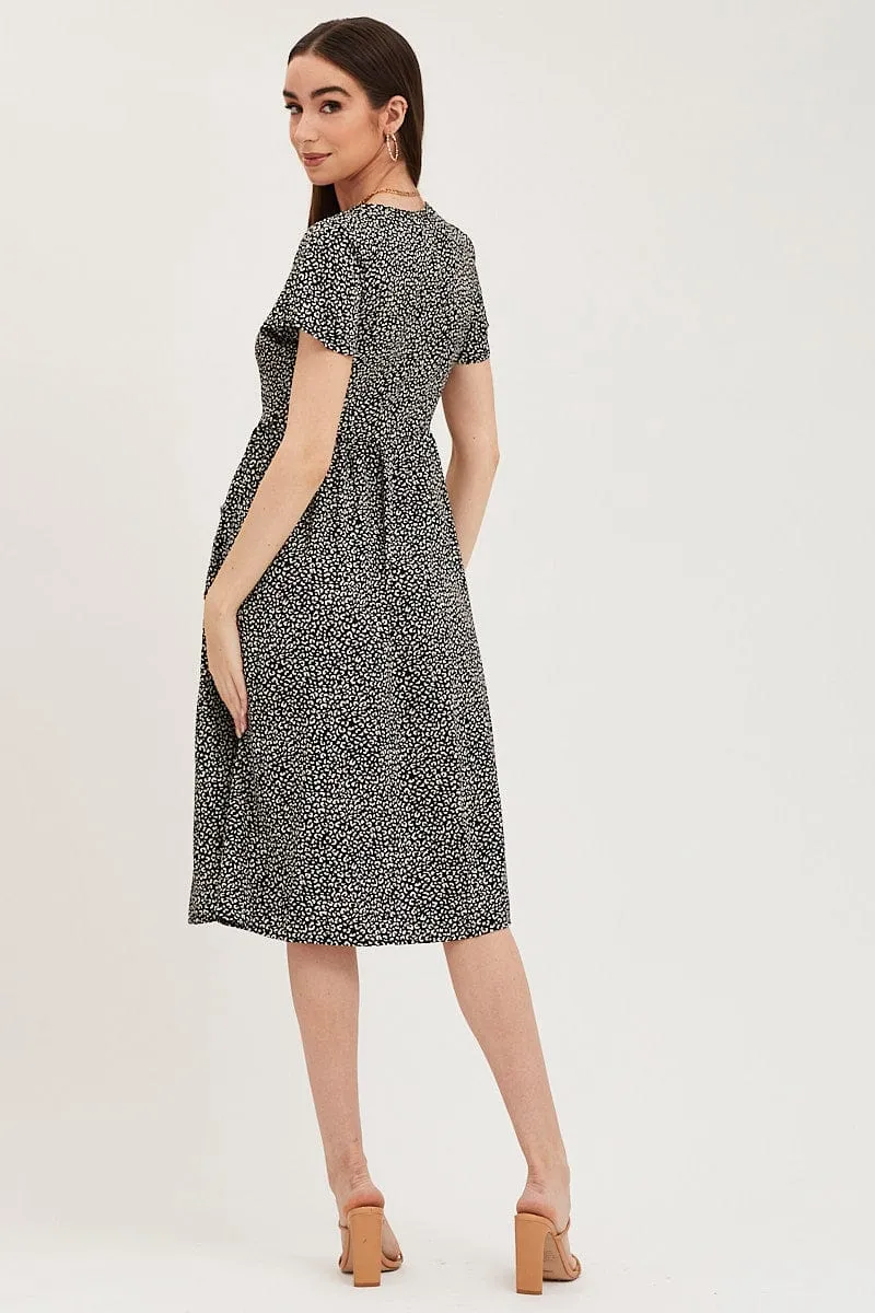 Geo Print Pocket Front Button Midi Dress Effortless Style