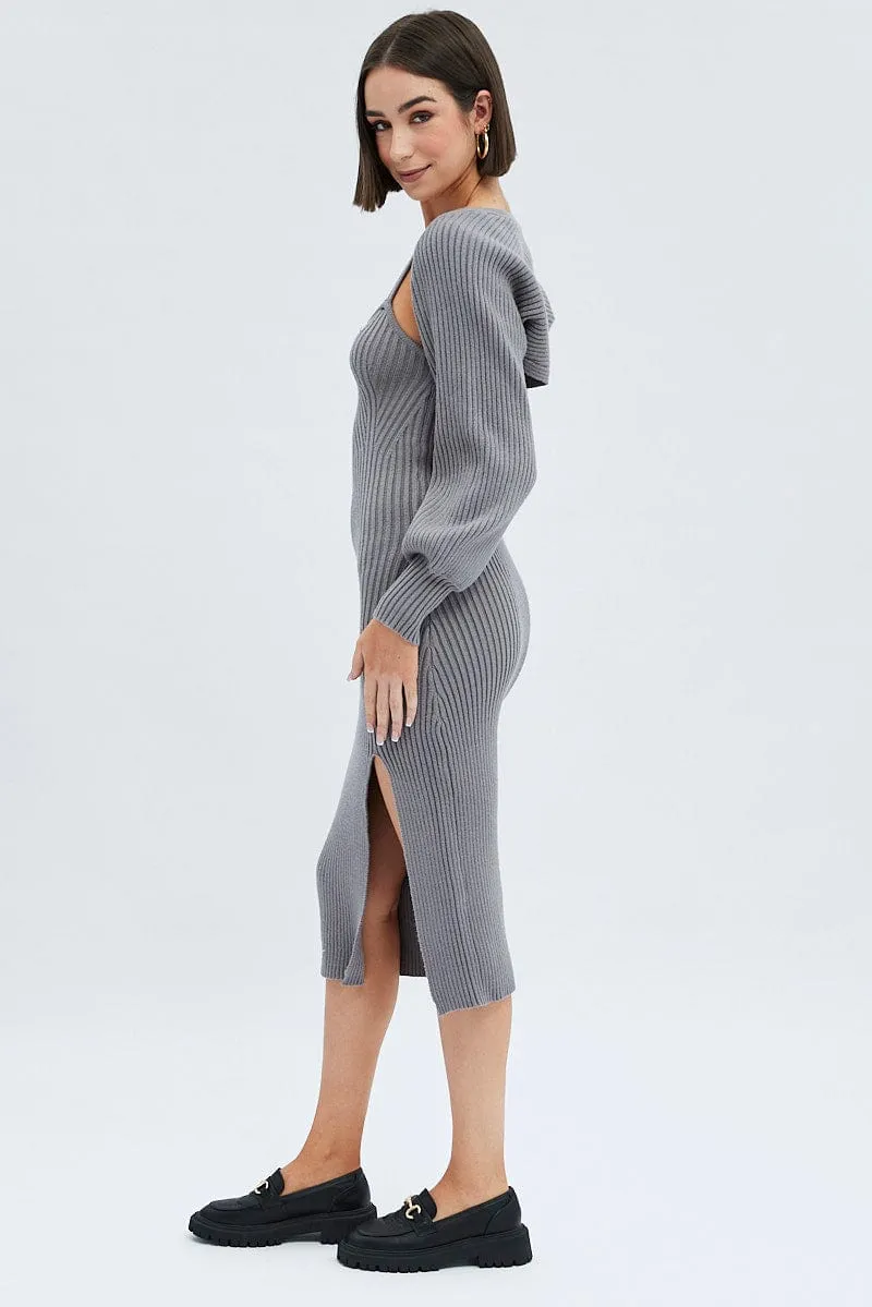 Tram Ride Weekend Brunch Grey Knit Midi Dress And Shrug Set
