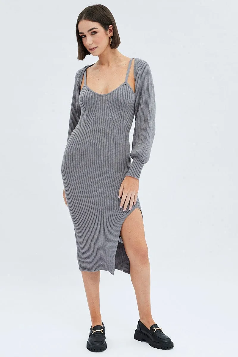 Grey Knit Midi Dress And Shrug Set Fashionable Design