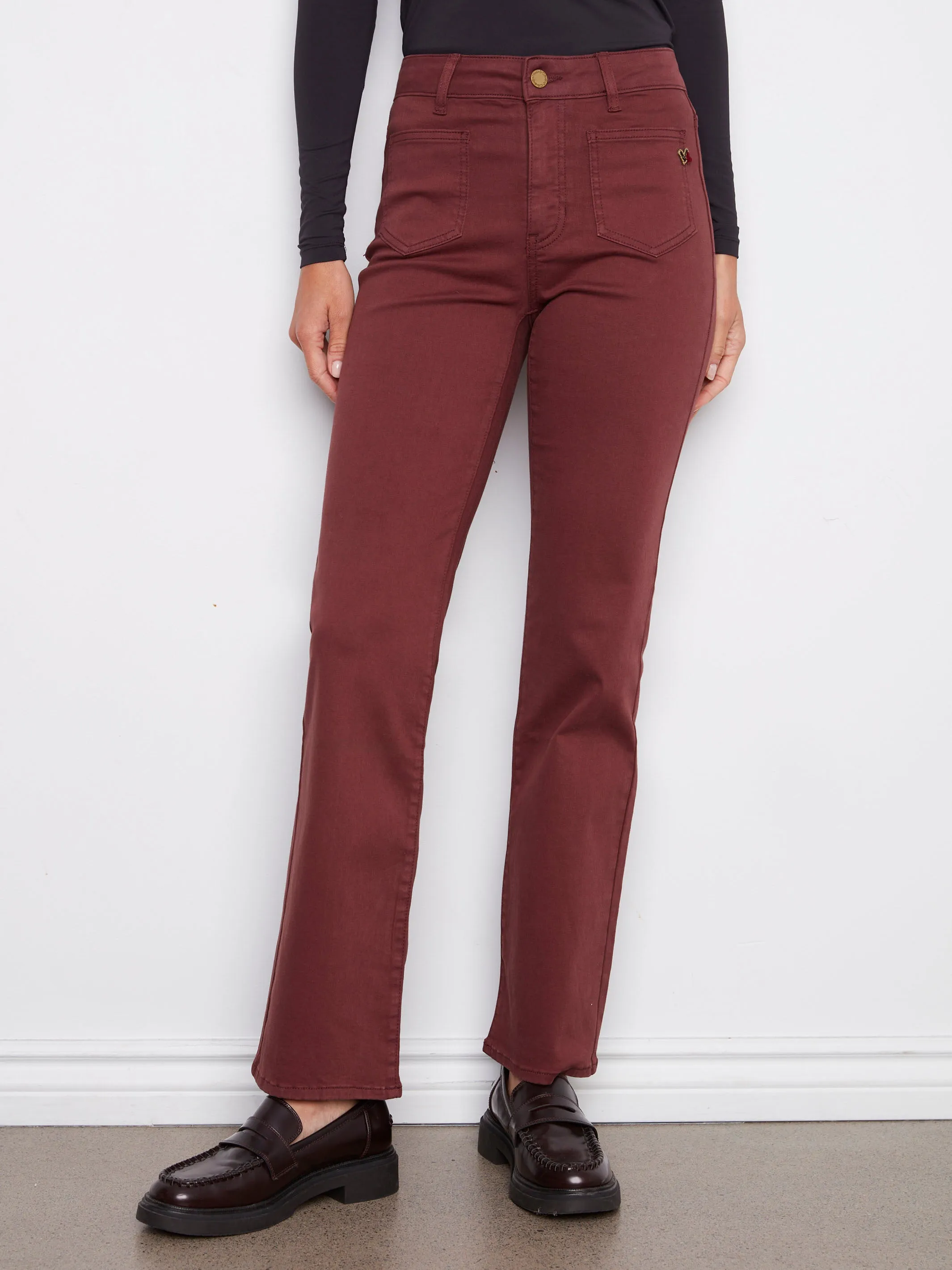 Fashionable Touch Patch Pocket Flare Twill Pants With Rivets - Cabernet