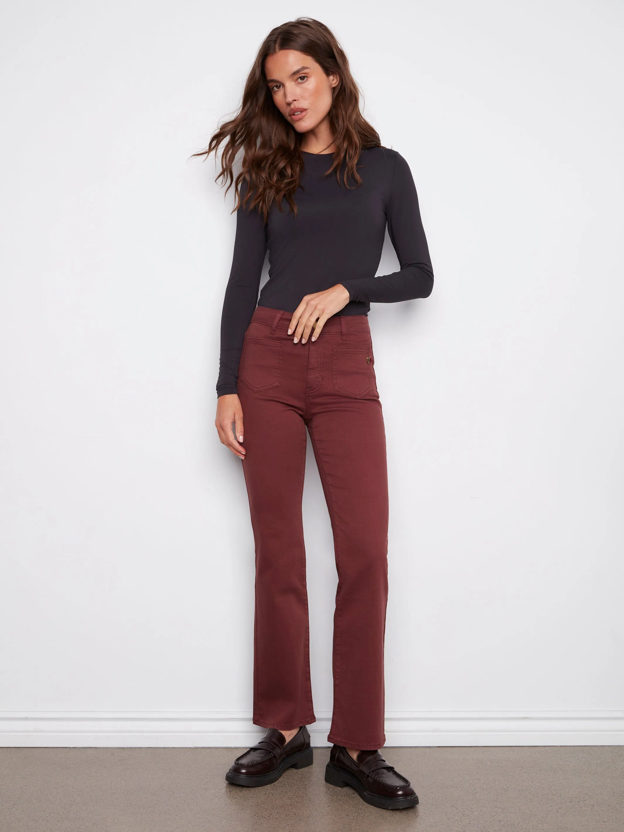 Patch Pocket Flare Twill Pants With Rivets - Cabernet Brushed Interior Reliable Layer
