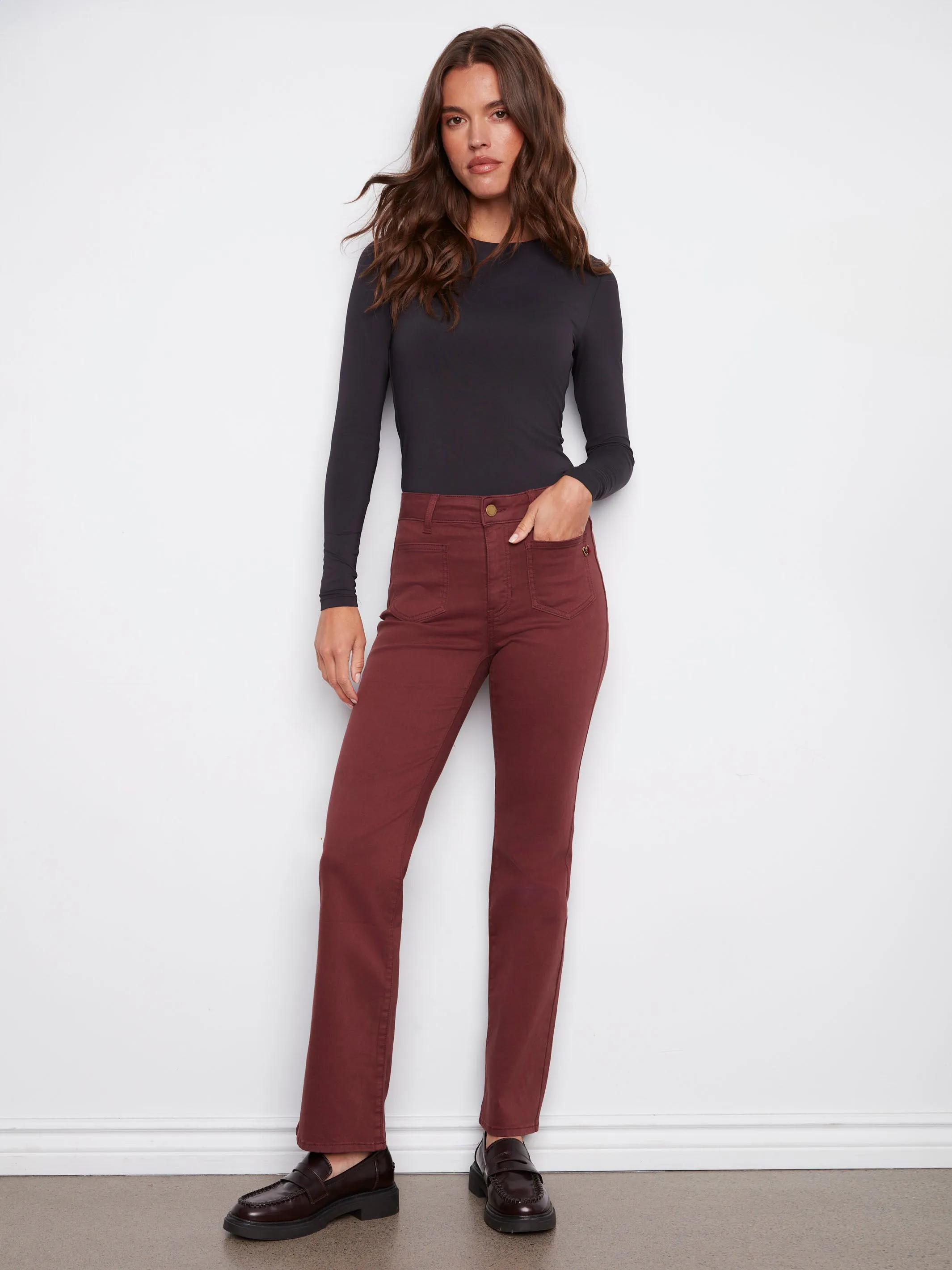 Teen Outfit Night Out Party Look Subtle Texture Patch Pocket Flare Twill Pants With Rivets - Cabernet