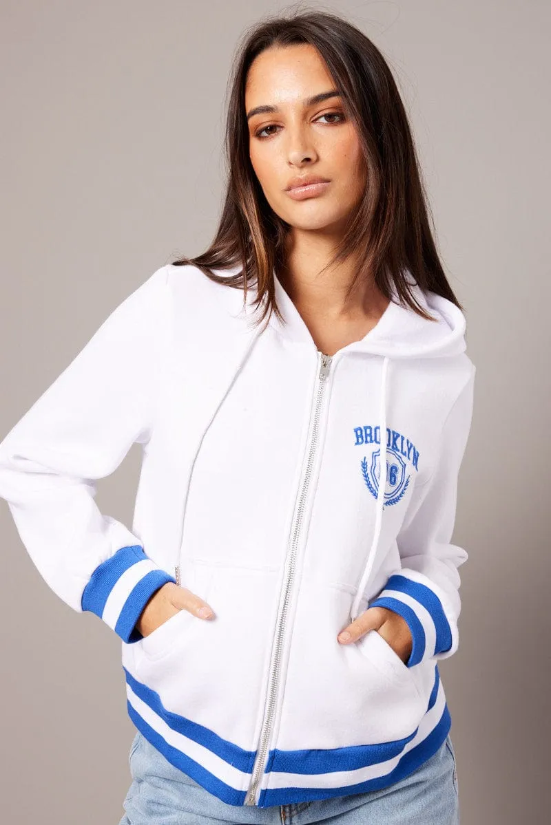 White Long Sleeve Embroidered Hoodie Jacket High-quality product sporty style statement