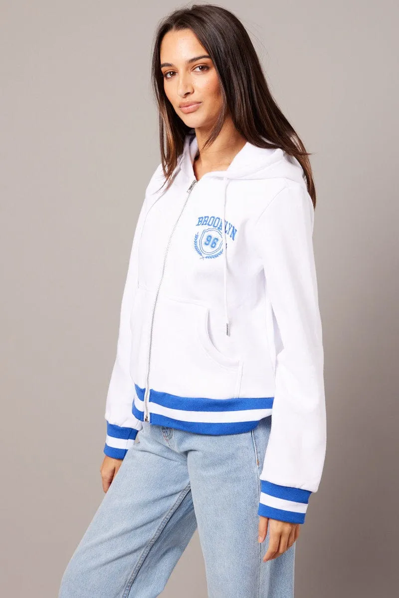 White Long Sleeve Embroidered Hoodie Jacket old people Go-To Layer