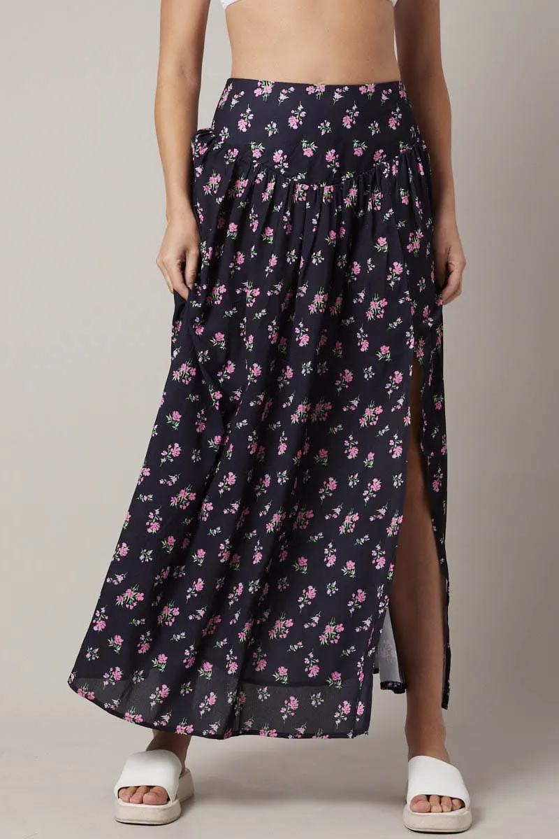 Black Floral Maxi Skirt Bouquet Ditsy Side Split Skirt Floral Pattern