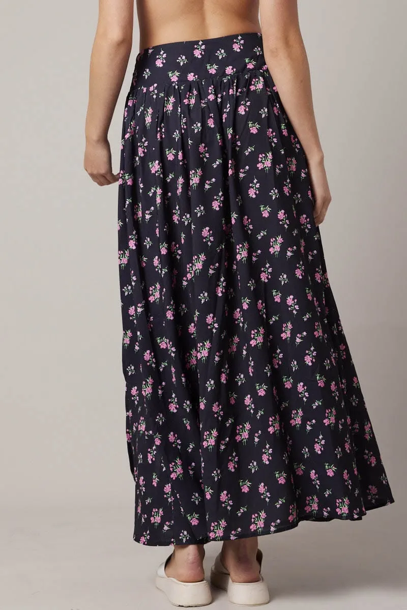 Black Floral Maxi Skirt Bouquet Ditsy Side Split Skirt Sharp Look