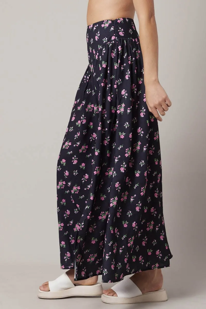Side Pockets Black Floral Maxi Skirt Bouquet Ditsy Side Split Skirt