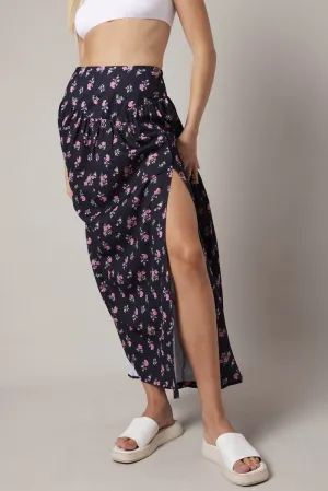 Black Floral Maxi Skirt Bouquet Ditsy Side Split Skirt Minimalist Trim