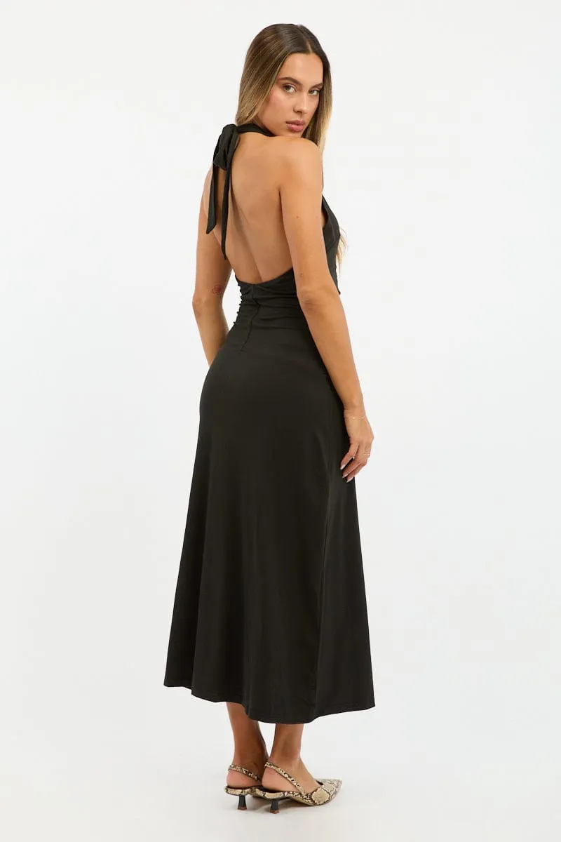 Black Halter Neck Midi Dress Port Side Friend Wedding