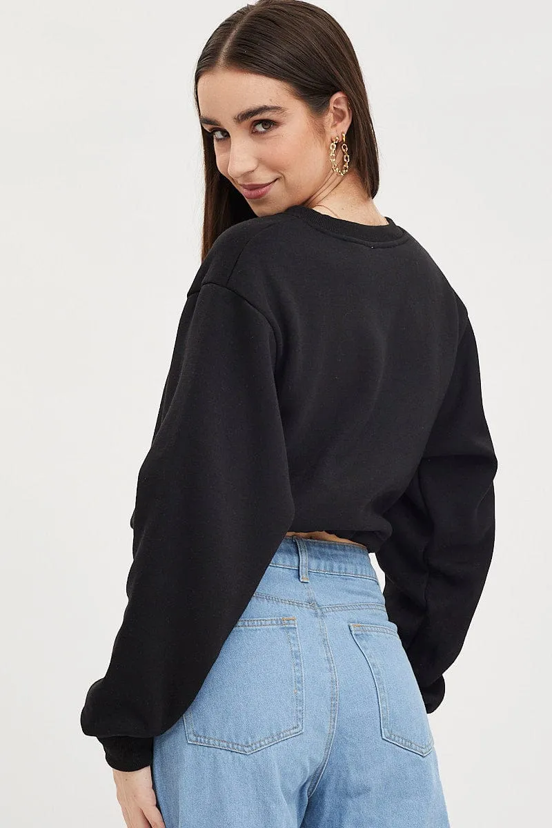 Breathable Material Athleisure Look Black Jumper Long Sleeve V Neck