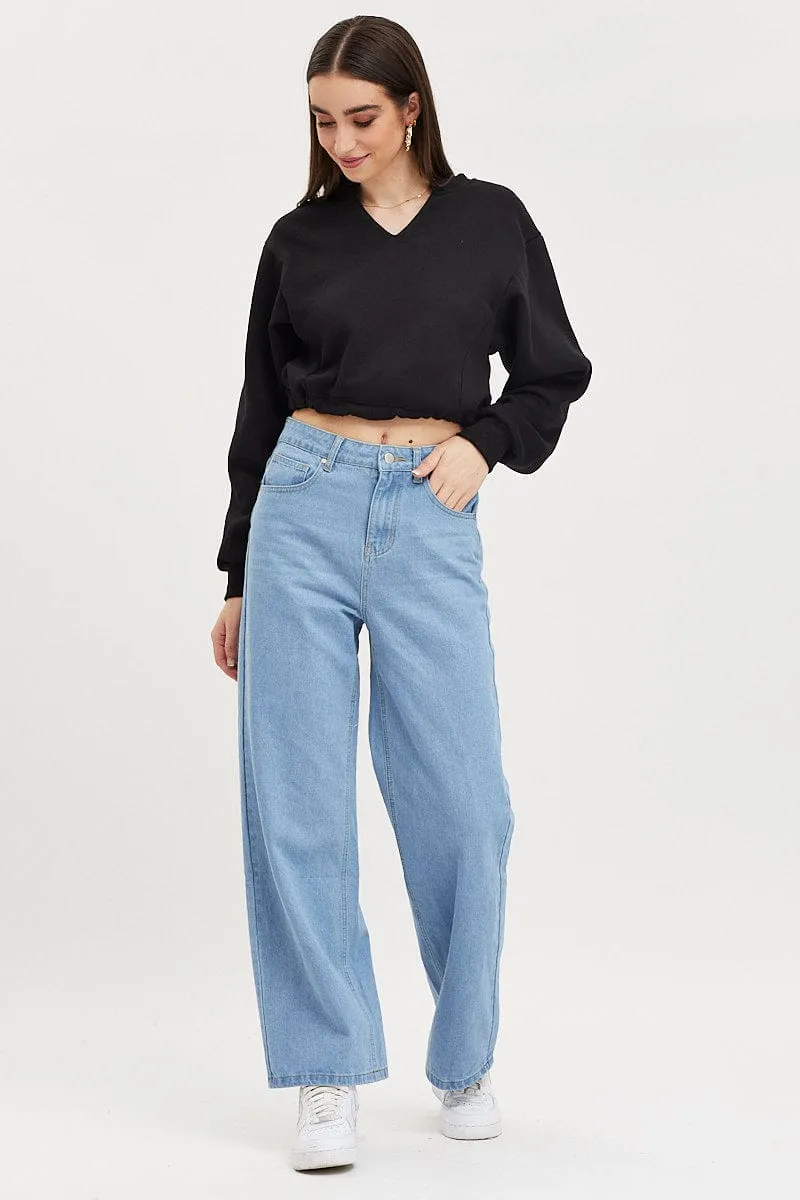 Black Jumper Long Sleeve V Neck Cozy Texture