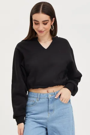 Relaxed Fit Hoodie Black Jumper Long Sleeve V Neck