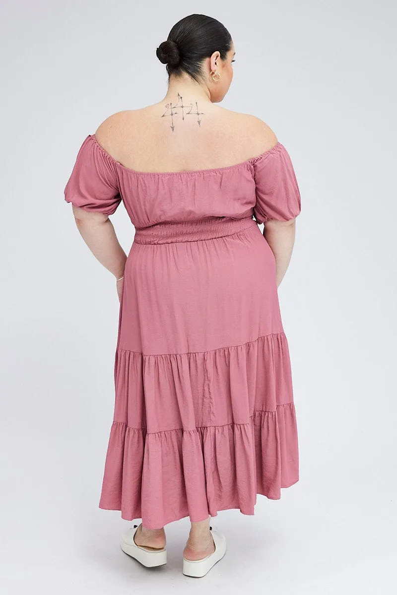 Pink Midi Dress Off Shoulder Elastic Waist Puff Sleeve Heat Air
