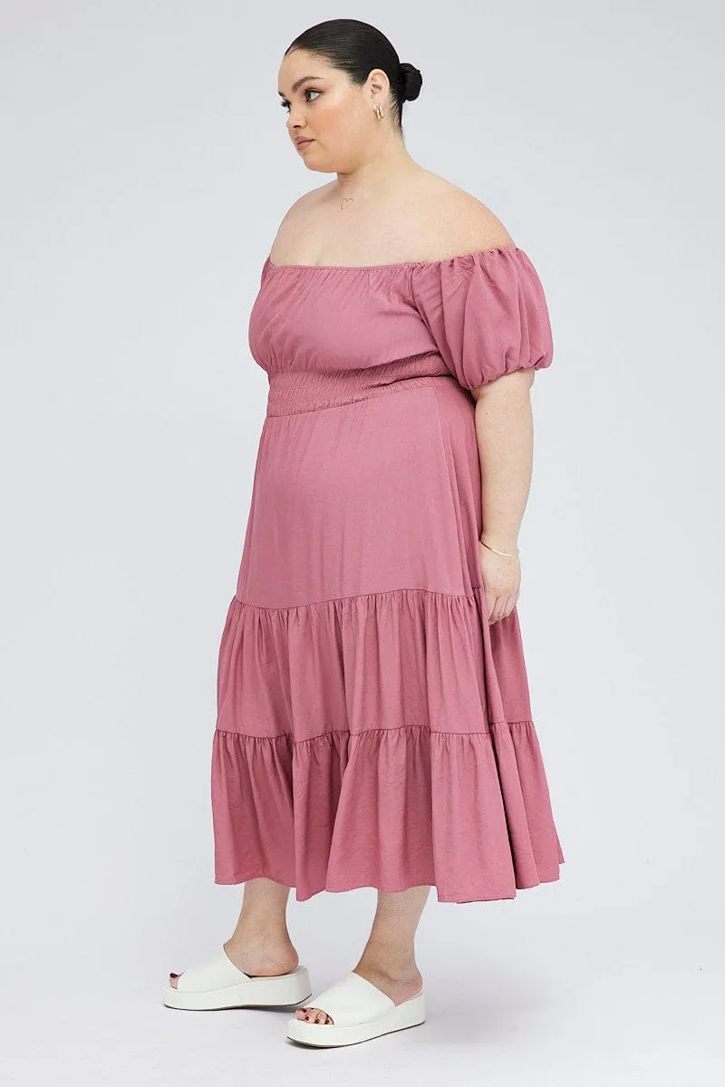Light Glow Garnet Shine Pink Midi Dress Off Shoulder Elastic Waist Puff Sleeve