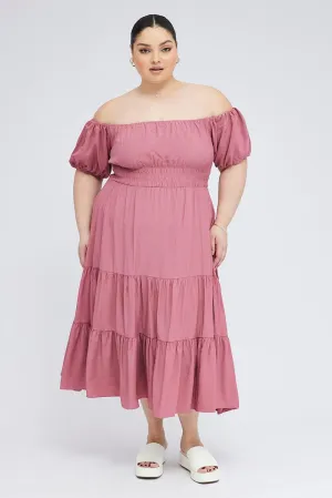 Pink Midi Dress Off Shoulder Elastic Waist Puff Sleeve This dress is the perfect addition to any wardrobe for those who value both style and comfort