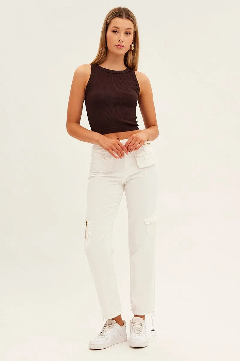 White Wide Leg Denim Cargo Pants Trendy Layering