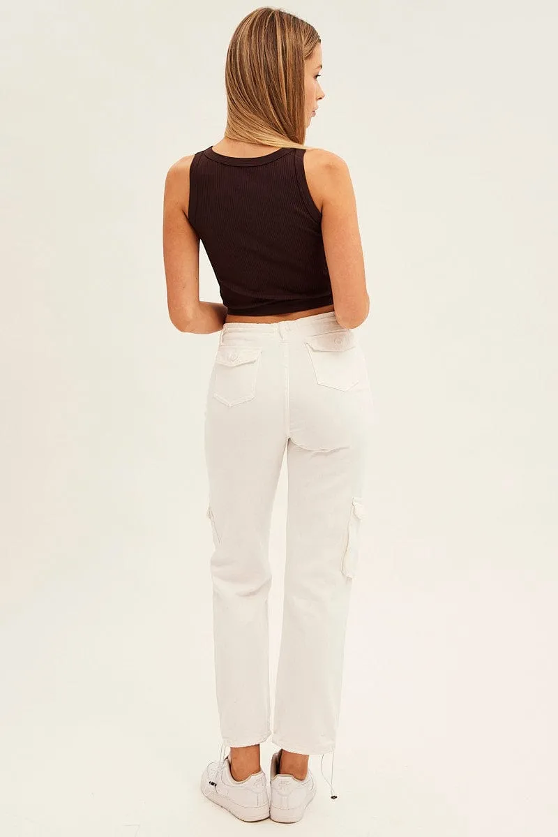 White Wide Leg Denim Cargo Pants Form Fitting