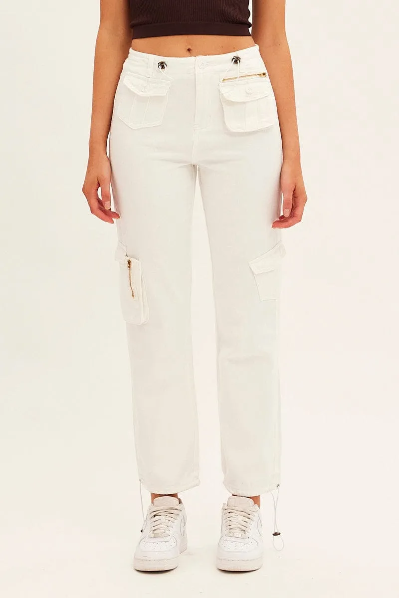 White Wide Leg Denim Cargo Pants Recyclable Fabric Blend Multi-way wear