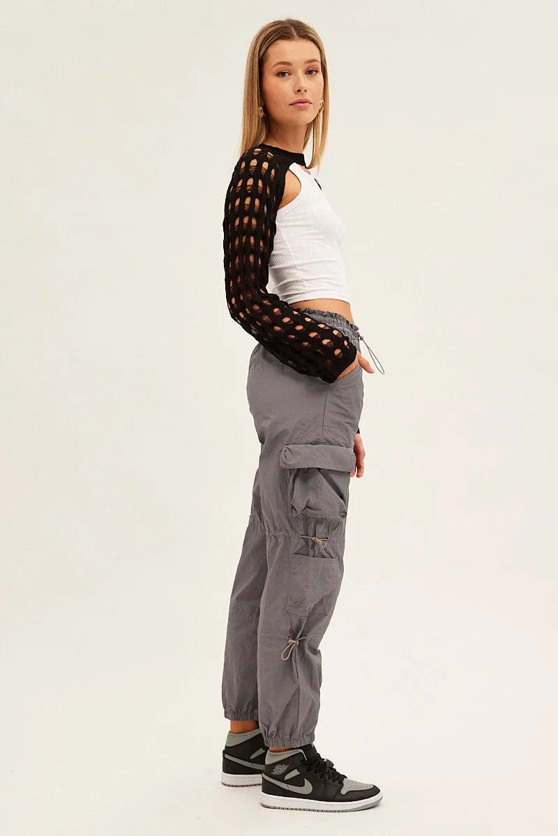 Grey Low Rise Cargo Pants Practical Fit Lightweight Weave