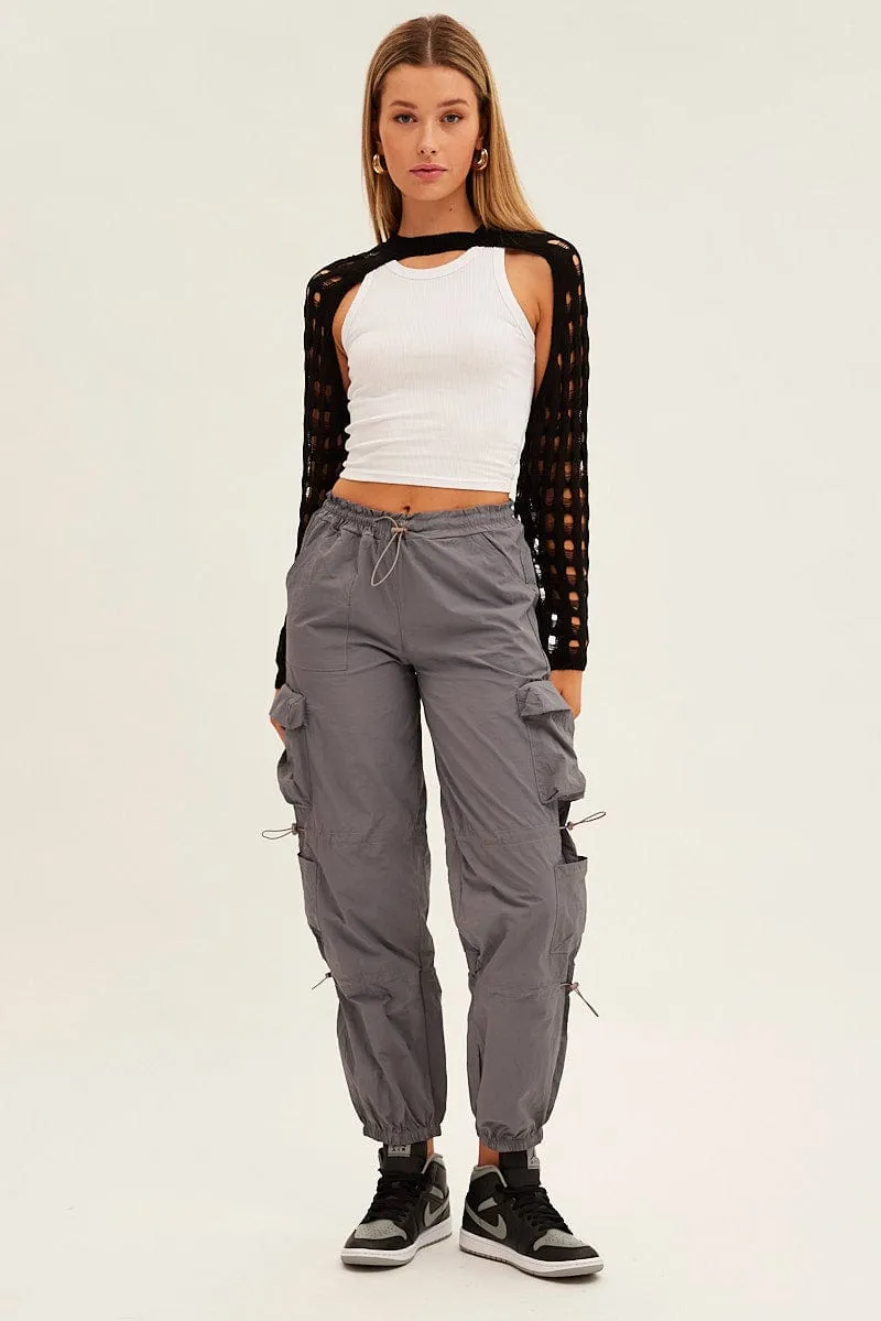 Grey Low Rise Cargo Pants Durable Utility Lightweight Fabric