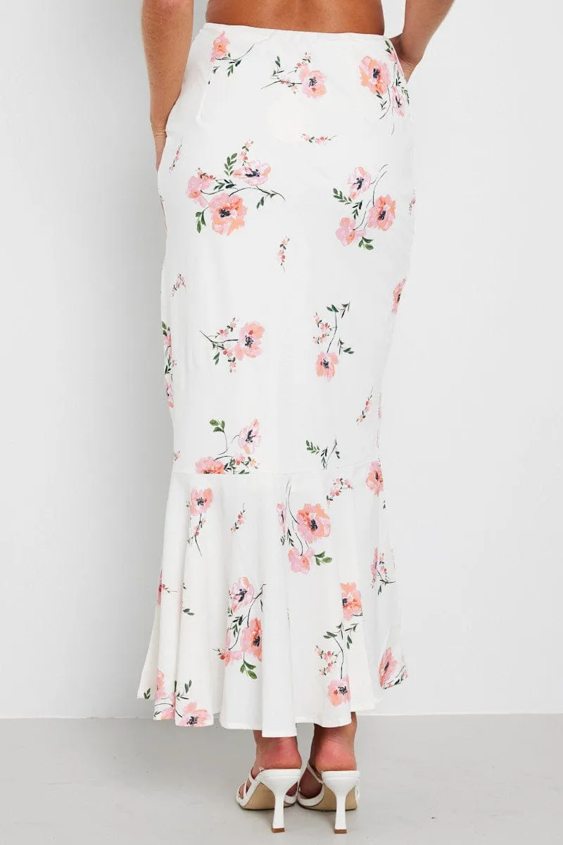 Limited Quantity Holiday Travel White Floral Maxi Skirt High Waist Fit & Flare