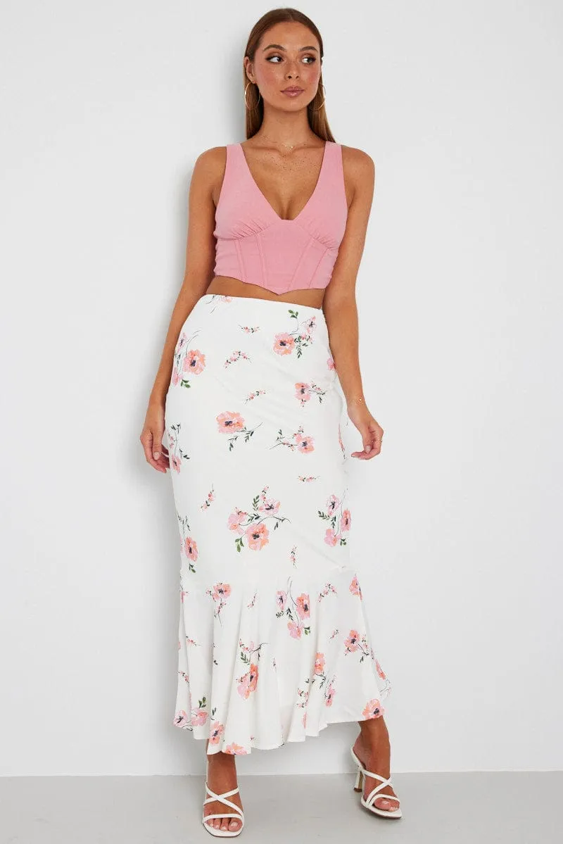 White Floral Maxi Skirt High Waist Fit & Flare casual finish