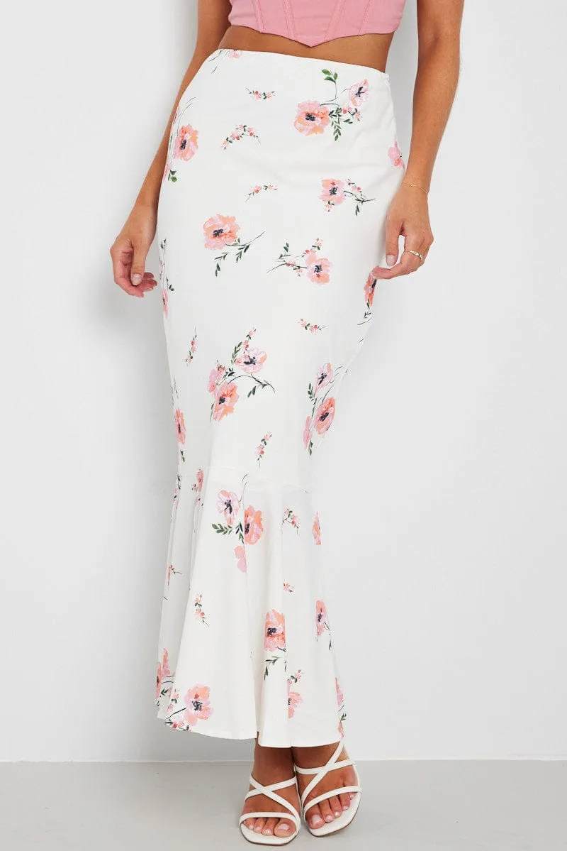 White Floral Maxi Skirt High Waist Fit & Flare garden party