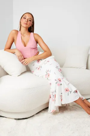 White Floral Maxi Skirt High Waist Fit & Flare Fresh Style Season To Season